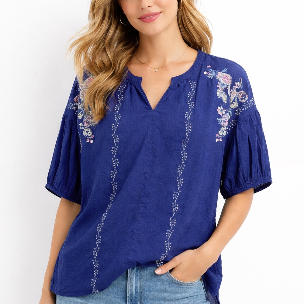 Liz Claiborne Navy Floral-Embroidered peasant‎ Split-Neck Blouse L